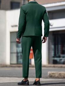 Manfinity AFTRDRK Men's Dark Green Single Breasted Lapel Neck Blazer & Pants Suit Set,Autumn Elegant Wedding Guest Business Formal Suit For Weddings & Anniversaries, Ceremony - Dark Green - View 2