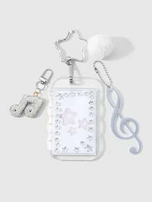 ROMWE Kawaii 1 Funda de tarjeta con símbolo de sonido de bola de pelo blanca exquisita, brillante y suave, de cerámica con strass, pegatina de strass 'Send Stars', llavero colgante para bolso - Transparente-174 - Ver 8
