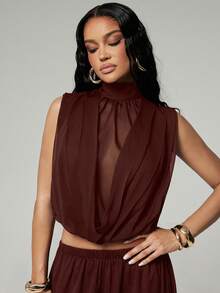 Hauture Blusa sin mangas con cuello simulado drapeado y lazo en la espalda, de chifón plisado y sexy para mujer - Marrón - Ver 5