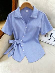 Teen Girls Casual Streetwear Daily Commute Slim Fit Short Sleeve White Shirt With Collar Back To School Summer Outfit Comfortable Sixth Form - Blue - View 1