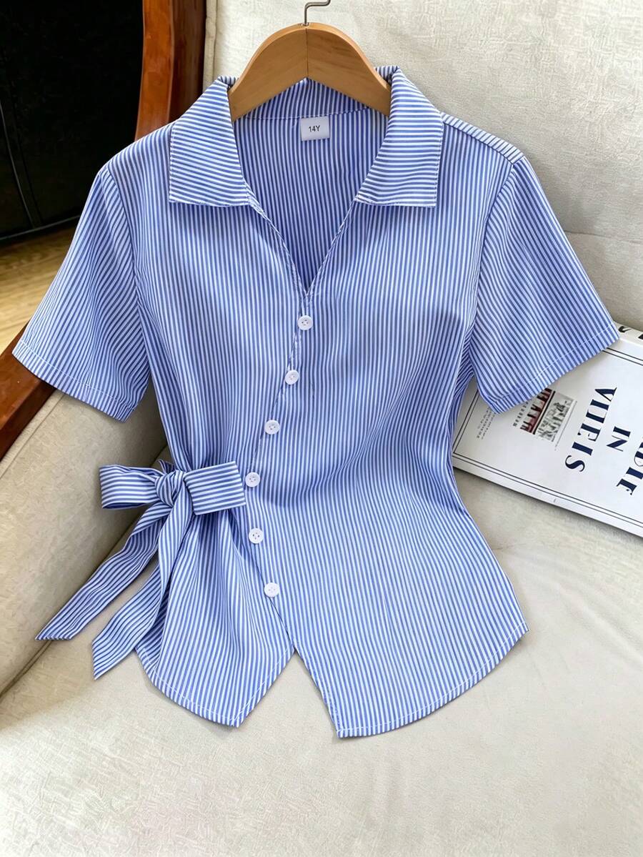 Teen Girls Casual Streetwear Daily Commute Slim Fit Short Sleeve White Shirt With Collar Back To School Summer Outfit Comfortable Sixth Form - Blue - View 1