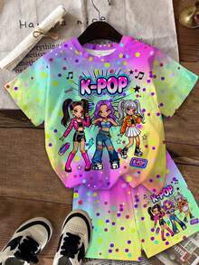 Tween Girl Cartoon Girl K-Pop Superstars , Cartoon Girl Group Print Pattern Colorful Gradient Short Sleeve T-Shirt And Shorts 2-Piece Set Suitable For Summer - Multicolor - View 3