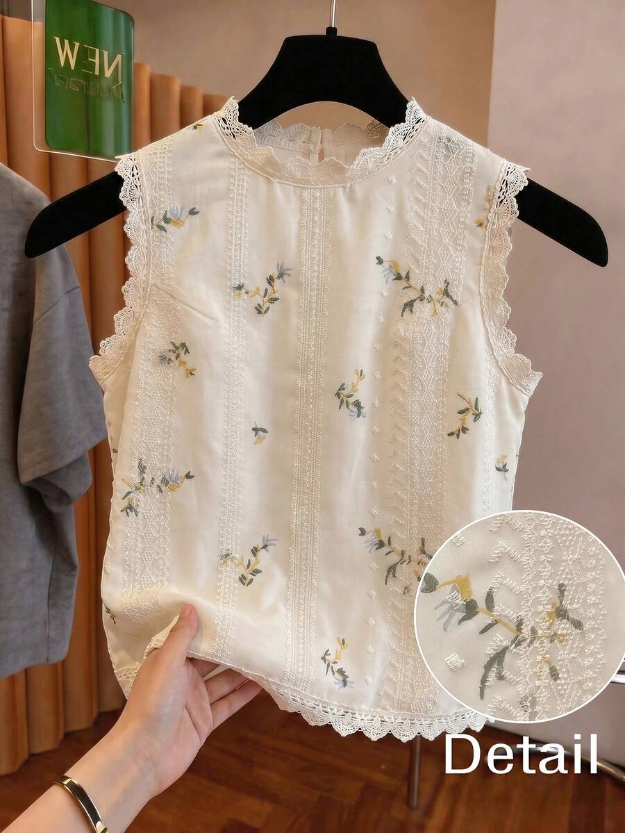 GlowEve CURVE Blusa de mujer talla grande de verano elegante y de moda con cuello redondo, sin mangas, bordado floral y patchwork de encaje - Albaricoque - Ver 1