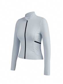 Cheerettes Women's Solid Color Long Sleeve Front Zipper Top Cycling Jersey - Blue - View 3