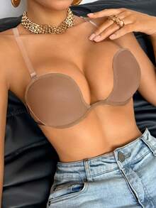 SHEIN 1 Piece Of Strapless Model Cup Underwire Bra With Adjustable Straps, Transparent Back, Invisible And Seamless Bra - Coffee Brown - View 6