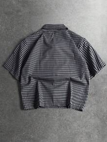 STYNVO 男士騎士刺繡格紋單排扣短袖休閒襯衫 - 黑色 - 查看 2