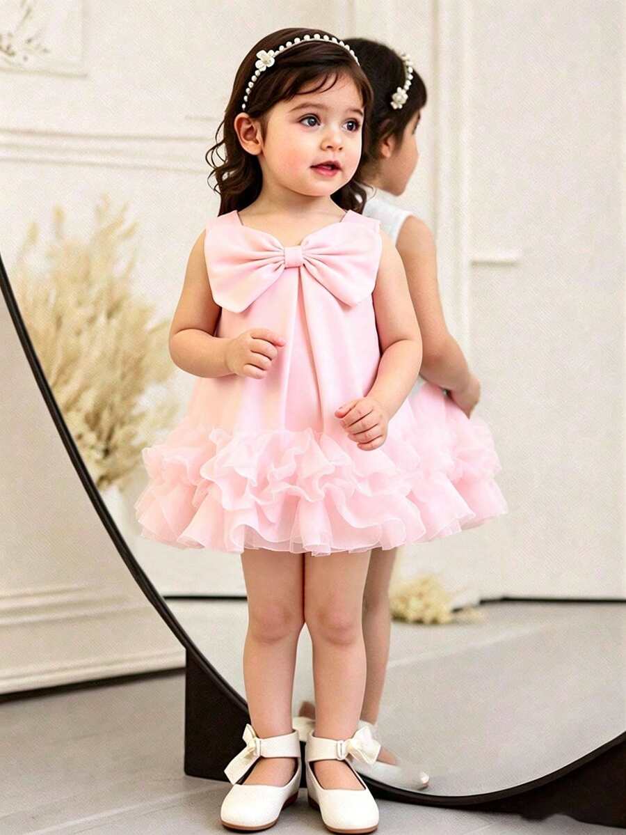 Elladie kids 女婴无袖优雅蝴蝶结装饰褶皱网纱芭蕾舞裙,休闲春夏风格 - 粉色 - 查看 1