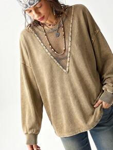 Bohemela Women's Casual Solid Color Knit Crew Neck Long Sleeve Loose Washed Sweatshirt - Brown - View 7