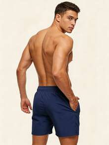 Manfinity KASUA Men's Plus Size Solid Color Drawstring Waist Pocket Beach Shorts, Holiday - Navy Blue - View 4