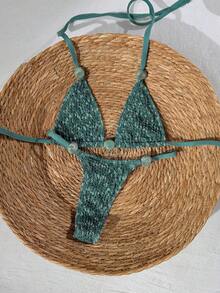 Swim Vcay 2026 Spring/Summer Green Textured Fabric Beaded Spaghetti Strap Side High Cut Lace-Up Bikini 2 Pieces Swimwear For Women - Green - View 1
