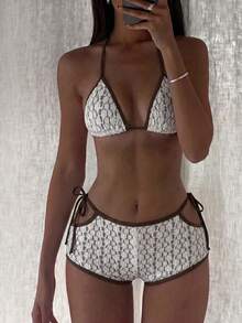 SHEIN Swim 白色蕾丝面料，侧系带设计，优雅性感女士泳装套装 - 彩色 - 查看 6