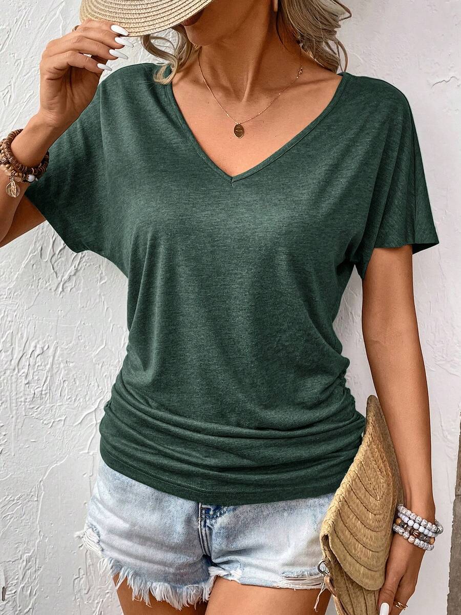 SHEIN Frenchy 女款簡約純色百褶日常/度假V領上衣深色T恤 - 墨綠色 - 查看 1