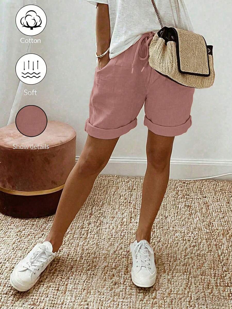SHEIN Holidaya 女款夏季新款棉麻度假休閒風卡其色抽繩捲邊短褲，採用棉麻紋理面料，彈性腰抽繩設計搭配捲邊細節，兼具隨性舒適與俐落優雅，適合日常出遊、度假或輕便休閒場合，是休閒抽繩短褲、卡其優雅長褲與寬鬆顯瘦褲類中的百搭單品 - 藕粉色 - 查看 1