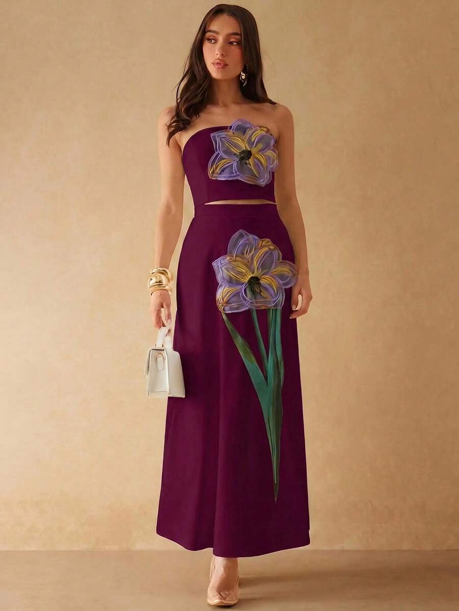 Silquee Saia feminina elegante de cintura alta com bordado floral, ideal para primavera, verão e outono. - Vermelho Acastanhado - Ver 1