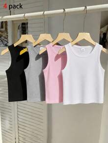 SHEIN Tween Girl Solid Color Round Neck Casual Versatile Daily Wear Tops 4pcs/Set - Multicolor - View 1