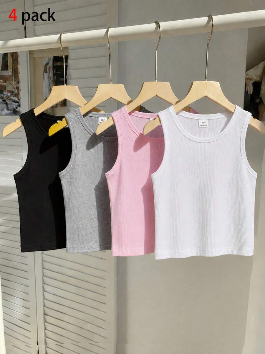 SHEIN Tween Girl Solid Color Round Neck Casual Versatile Daily Wear Tops 4pcs/Set - Multicolor - View 1