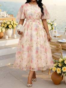 Fleurora Vestido casual de manga corta con cuello redondo y estampado floral para mujer talla grande, atuendo de verano para festival, elegante para invitada de boda y noche, rosa floral - Multicolor - Ver 3