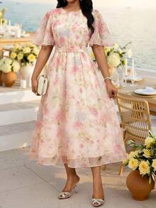 Fleurora Vestido casual de manga corta con cuello redondo y estampado floral para mujer talla grande, atuendo de verano para festival, elegante para invitada de boda y noche, rosa floral - Multicolor - Ver 4