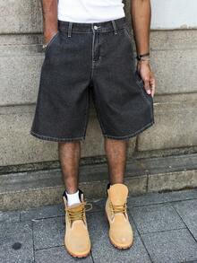 Manfinity EMRG Men's Street Style Casual Multi-Pocket Cargo Dark Gray Plus Size Denim Shorts - Dark Grey - View 7