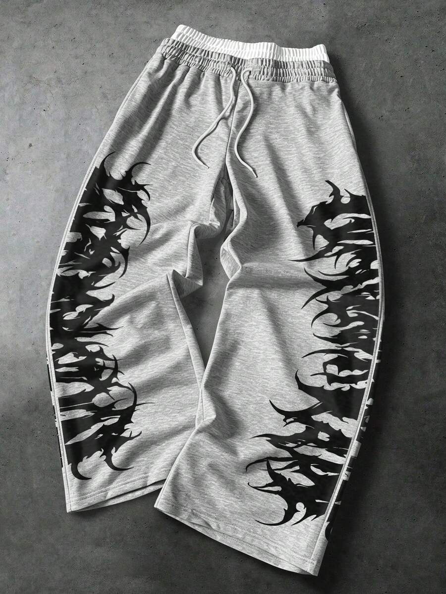PAVTROS Men's Gothic Print Drawstring Waist Pocket Casual Sweatpants - Grey - View 1