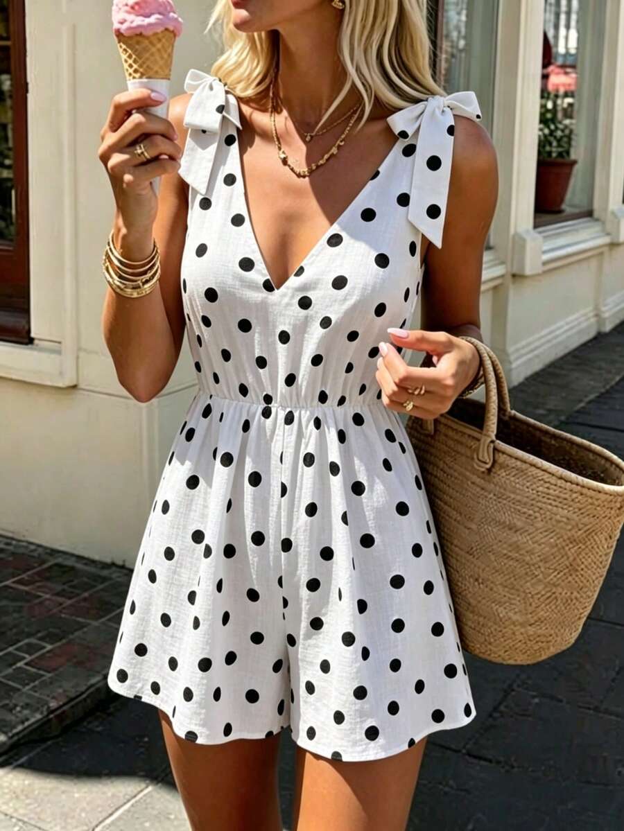 SHEIN PariChic 女款度假風V領肩部打結設計收腰百褶黑白波點連身褲 夏季熱帶浪漫風 - 白色 - 查看 1