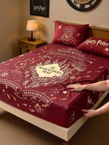 HARRY POTTER X SHEIN 1件哈利印花床墊，柔軟保暖，舒適透氣，多種尺寸，適用於單人床/雙人床/皇后床/特大床，可機洗 - 紅色 - 查看 5
