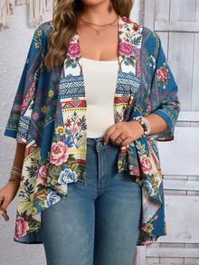 EMERY ROSE Plus-Size Vacation Casual Retro-Style Printed Cardigan, Summer And Early Autumn Sun Protection Lightweight Jacket, Retro And Fashionable Fall - Multicolor - View 7