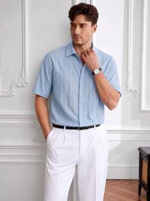 Core Aspect Men's Light Blue Geometric Jacquard Short Sleeve Shirt, Suitable For Office & Commute, Spring/Summer, Formal - Baby Blue - View 6