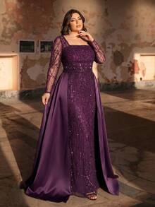 Aureia 大尺碼優雅奢華方領長袖洋裝，飾有珍珠與水鑽，適合婚禮、派對、慶典、正式晚餐及其他場合 - 深紫色 - View 8