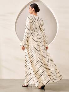 Graceveil Elegant Decent Casual Modest Middle Eastern Polka Dot Round Neck Flare Sleeve Cinched Waist Front Dress Winter Formal Office Morning Formal White - Apricot - View 2