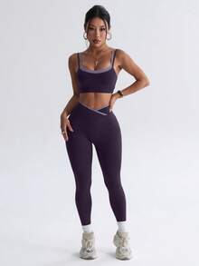 SHEIN Sports 無縫高彈性女款健身休閒日常運動收腰提臀套裝 - 紫色 - 查看 4