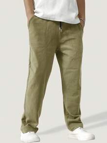 Manfinity Homme Pantalones rectos holgados para hombre con cintura de cordón y unicolor - Verde militar - Ver 4