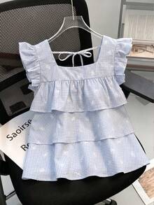 SHEIN Franclia 2026 Estate Nuova Camicetta Donna Blu a Quadretti con Fiocco, Scollo Quadrato con Volant e Maniche, Top Peplo con Fiocco Retro, Crop Top Carino Stile Y2K per Vacanza e Uso Casual Quotidiano - Multicolore - Visualizzare 1