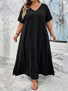 SHEIN CURVE+ 大码女装纯色休闲派对旅行连衣裙 大码女装 8XL 女装 大码女装连衣裙 宽松连衣裙 大码夏季服装 8XL 连衣裙 黑色长款连衣裙 大码女装夏季服装 - 黑色 - 查看 5