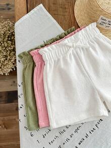SHEIN LMoss Kids Young Girl LMoss 女孩 3件式休閒夏季套裝：梭織柔軟雙層紗布荷葉邊短褲，鬆緊腰頭，純色，百搭輕盈 - 彩色 - 查看 3