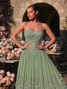 Glamrae Elegant Romantic Handmade 3D Floral Lace Chiffon Patchwork Strapless Basque Low Waist Court Style Extra Large A-Line Skirt Hem Romantic Lace Patchwork Suitable For Date Vacation Wedding Event Back To School Season Bachelorette Party Women's Evening Gown - Green - View 6