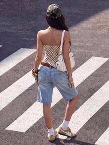 SHEIN EZwear 女款休閒極簡緊身抹胸上衣，不對稱下擺，波點圖案，夏季上衣 - 彩色 - 查看 2