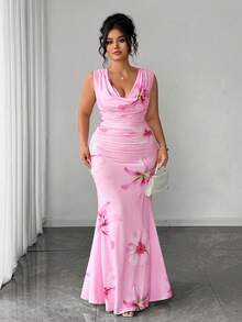 Elenzga Große Größen Damen gestricktes elegantes Kleid mit tiefem Ausschnitt, ärmellos, seitlich gerafft, körperbetont, Soft Pink Blume Muster - Pink - Übersicht 8