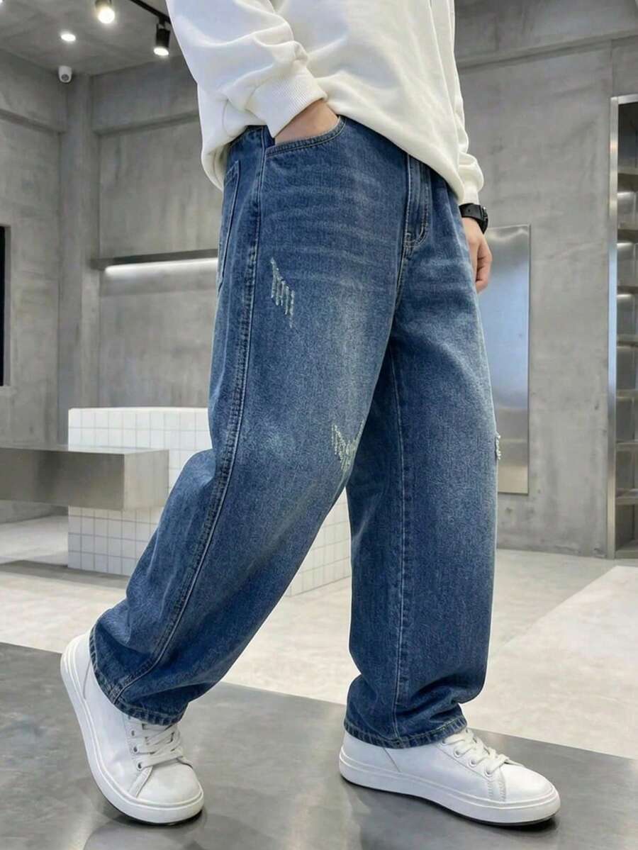 Casual Baggy Distressed Denim Jeans For Teenage Boys, Elastic Waist Comfortable Versatile Loose Fit Straight Leg Jeans, Suitable For School, Outdoor - Blue - View 1