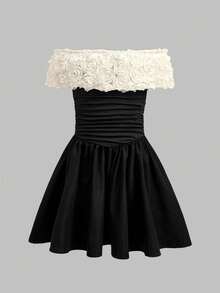 Firerie Kids Firerie Kids Tween Girl Spring/Summer Casual Elegant Patchwork Ruffle Hem Off-Shoulder Maxi Dress, Party Dress, Floral Lace Mesh Patchwork Dress - Black - View 5