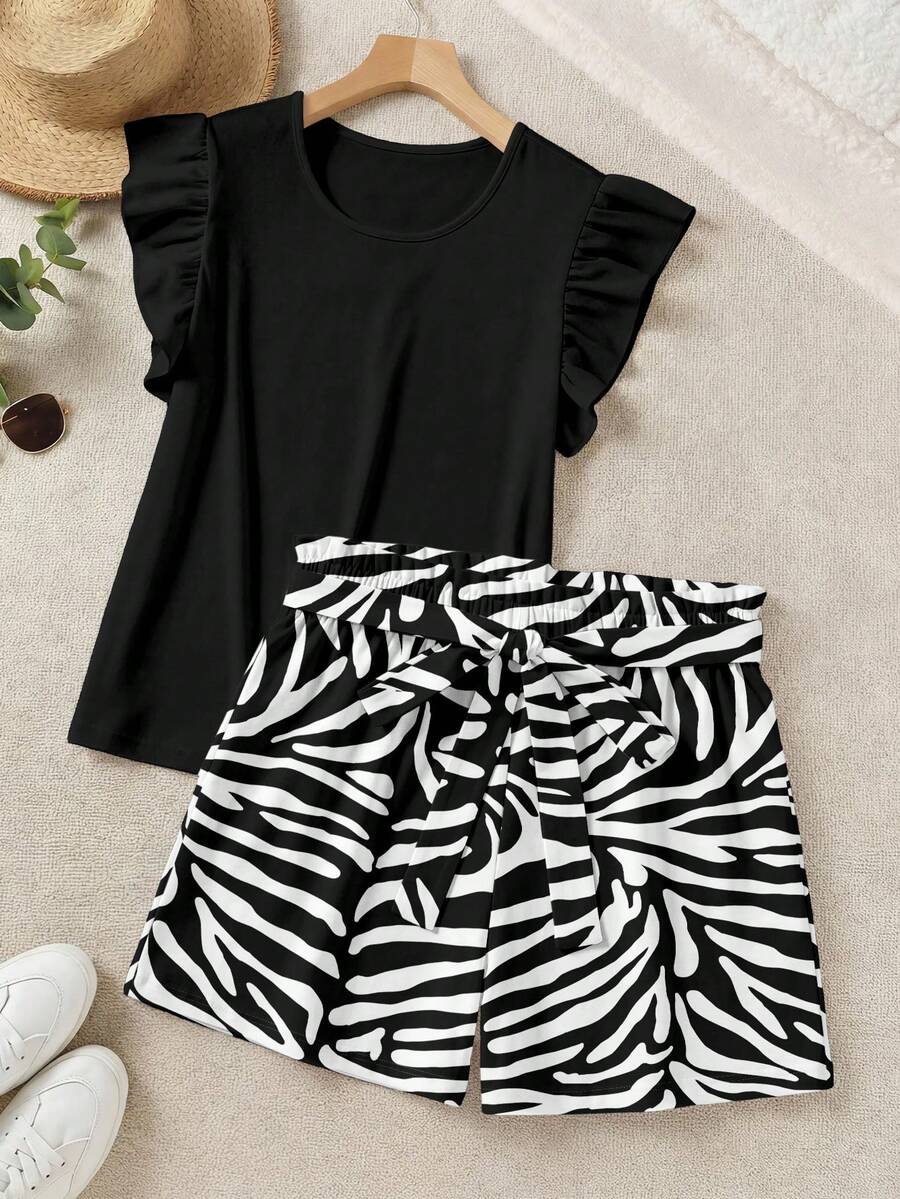 SHEIN LUNE 優雅素色荷葉邊上衣與印花短褲兩件套,夏季 - 彩色 - 查看 1