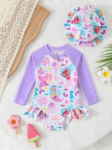 Cute Cartoon Mermaid Back Zipper Long Sleeve Sun Protection One-Piece Swimsuit Ruffle Trim Sun Protection Cute Hat - Mauve Purple - View 4