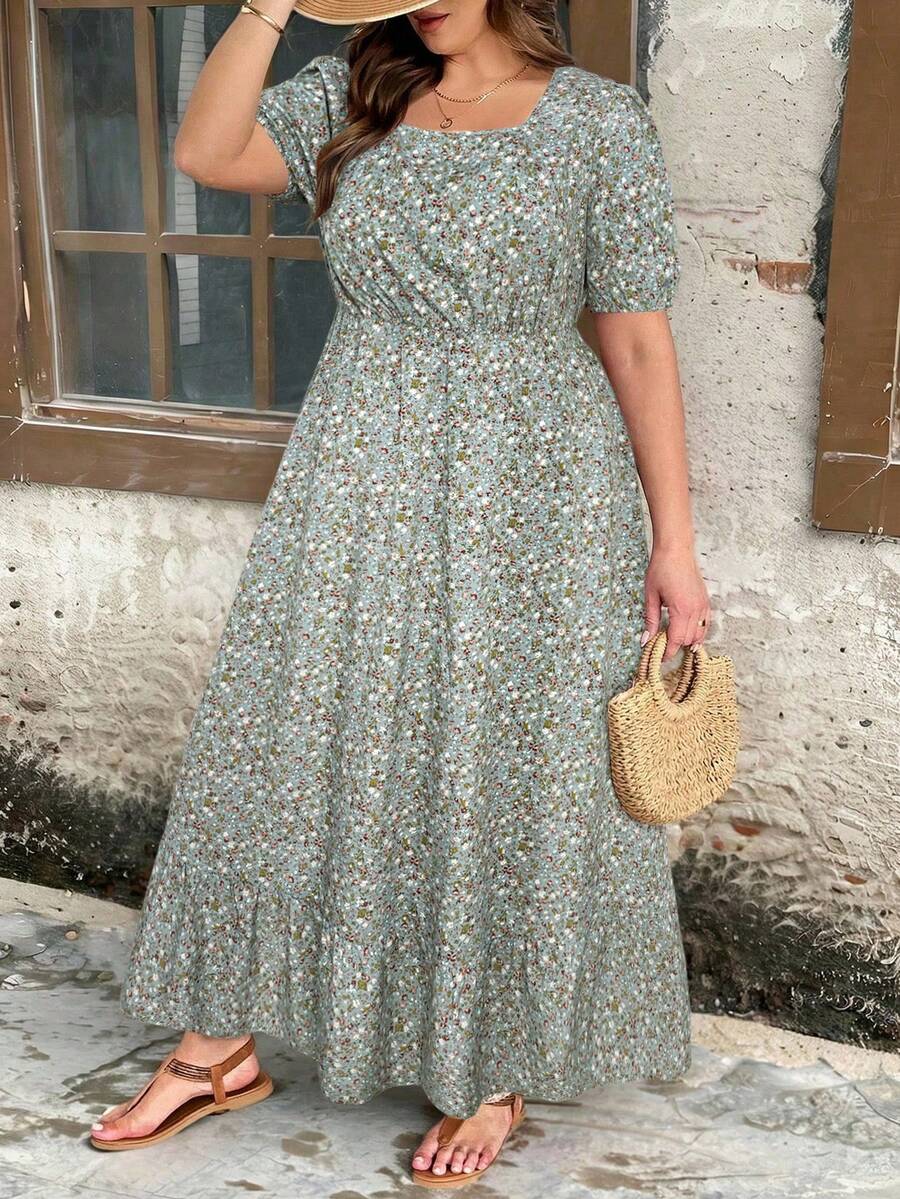 SHEIN Clasi 大码碎花方领短袖收腰连衣裙 - 淺藍色 - 查看 1