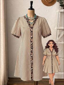 Weeklong Plus Size Women's Spring/Summer Notch Neck Puff Sleeve Beige Colorblock Casual 90s Vacation Dress Club - Multicolor - View 1