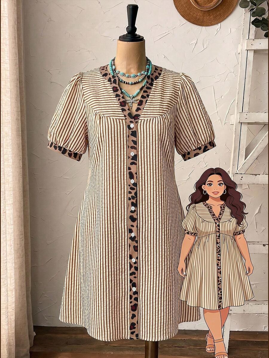 Weeklong Plus Size Women's Spring/Summer Notch Neck Puff Sleeve Beige Colorblock Casual 90s Vacation Dress Club - Multicolor - View 1