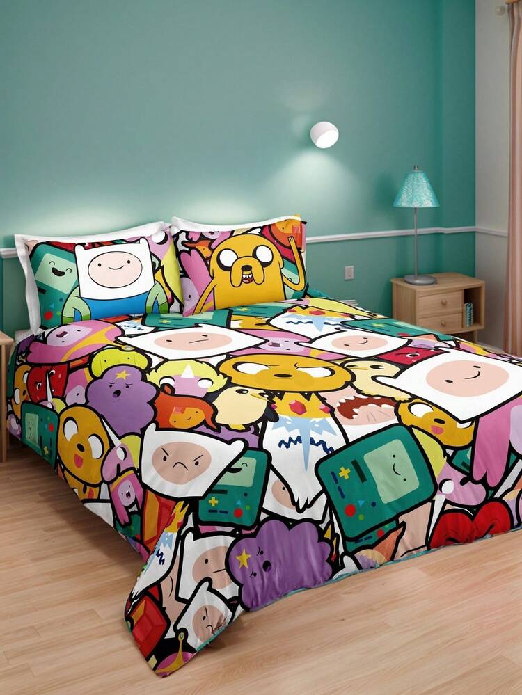 ADVENTURE TIME X SHEIN 三件套可爱卡通印花被套，光滑面料，柔软保暖，红色被套，多种尺寸可选，适用于单人床/双人床/大号床/特大号床 - 彩色 - 查看 1