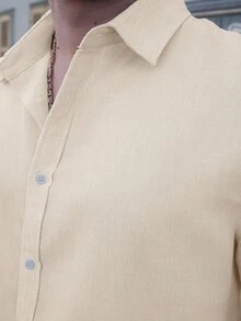 LEOGASHI LEOGASHI 时尚男士杏色半透明涤纶衬衫，翻领长袖，商务波西米亚风、秋季典礼等场合的完美之选 - 杏色 - 查看 6