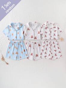 [Random 3 Sets, 1 Set Sent] Young Boy Casual Simple Cute Bear Print Short Sleeve Cardigan And Shorts Loungewear Set, Loose And Comfortable, Suitable For Spring And Summer, Great For Home Or Outings, Sweet And Cozy - Multicolor - View 7
