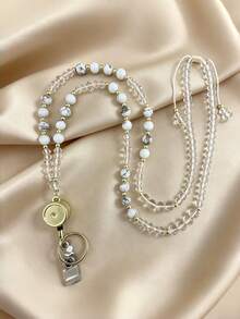1pc Natural Stone Beads Retractable Badge Reel Lanyard Id Card Holders Necklaces Chain Keychain Clip For Women Men Employee Wholesal - multicolor - View 11