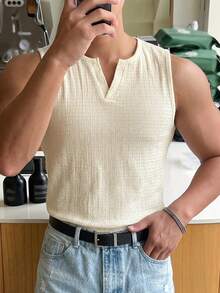 DAZY Camiseta de tirantes casual versátil de unicolor con cuello en V con muesca para hombres - Albaricoque - Ver 6